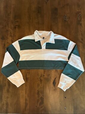 Divided Green & White Striped Cropped Rugby Polo